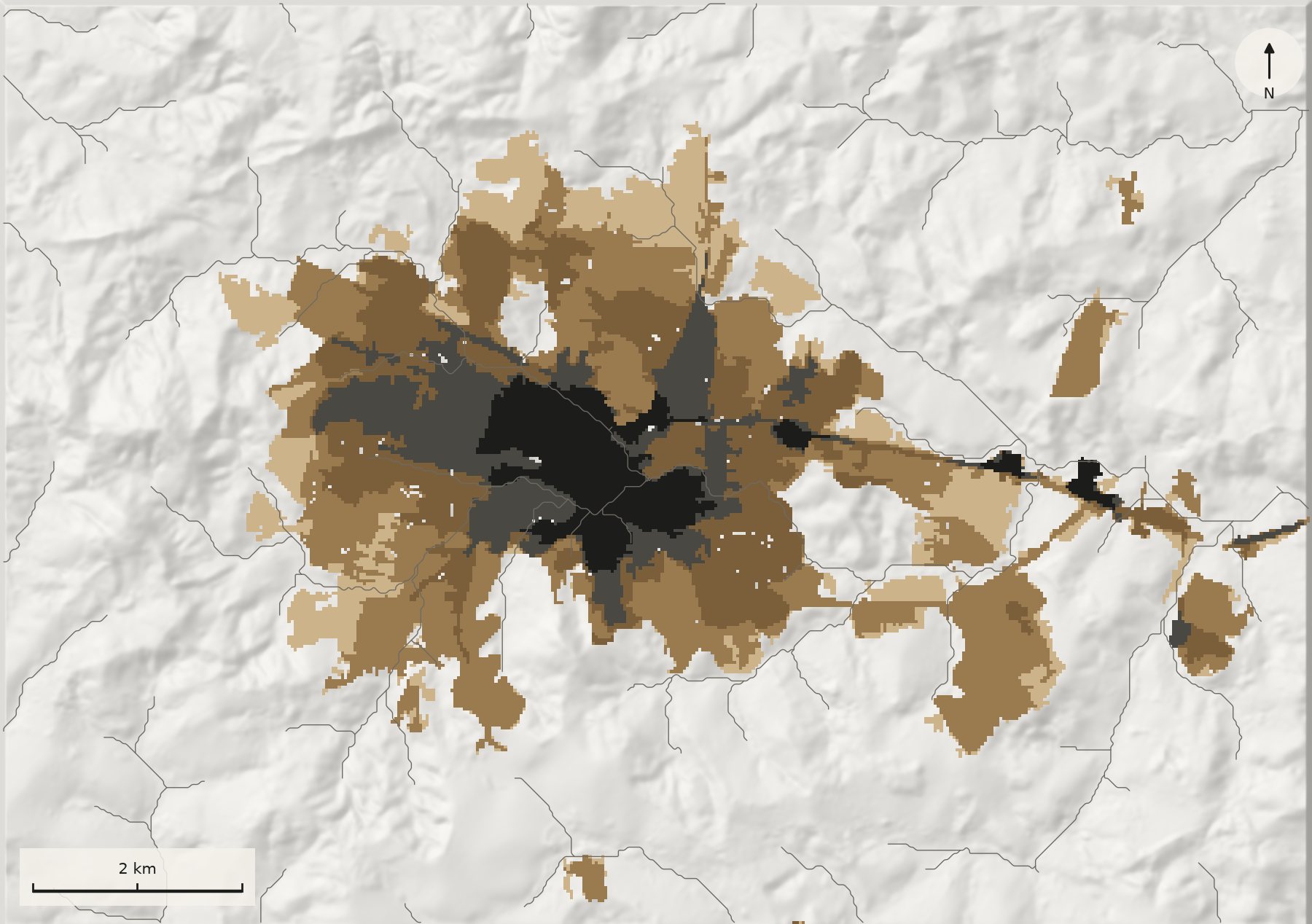 Map of the urban footprint by period: the 1985 core in black at the center and, in progressively lighter bronze, the areas added through 2024