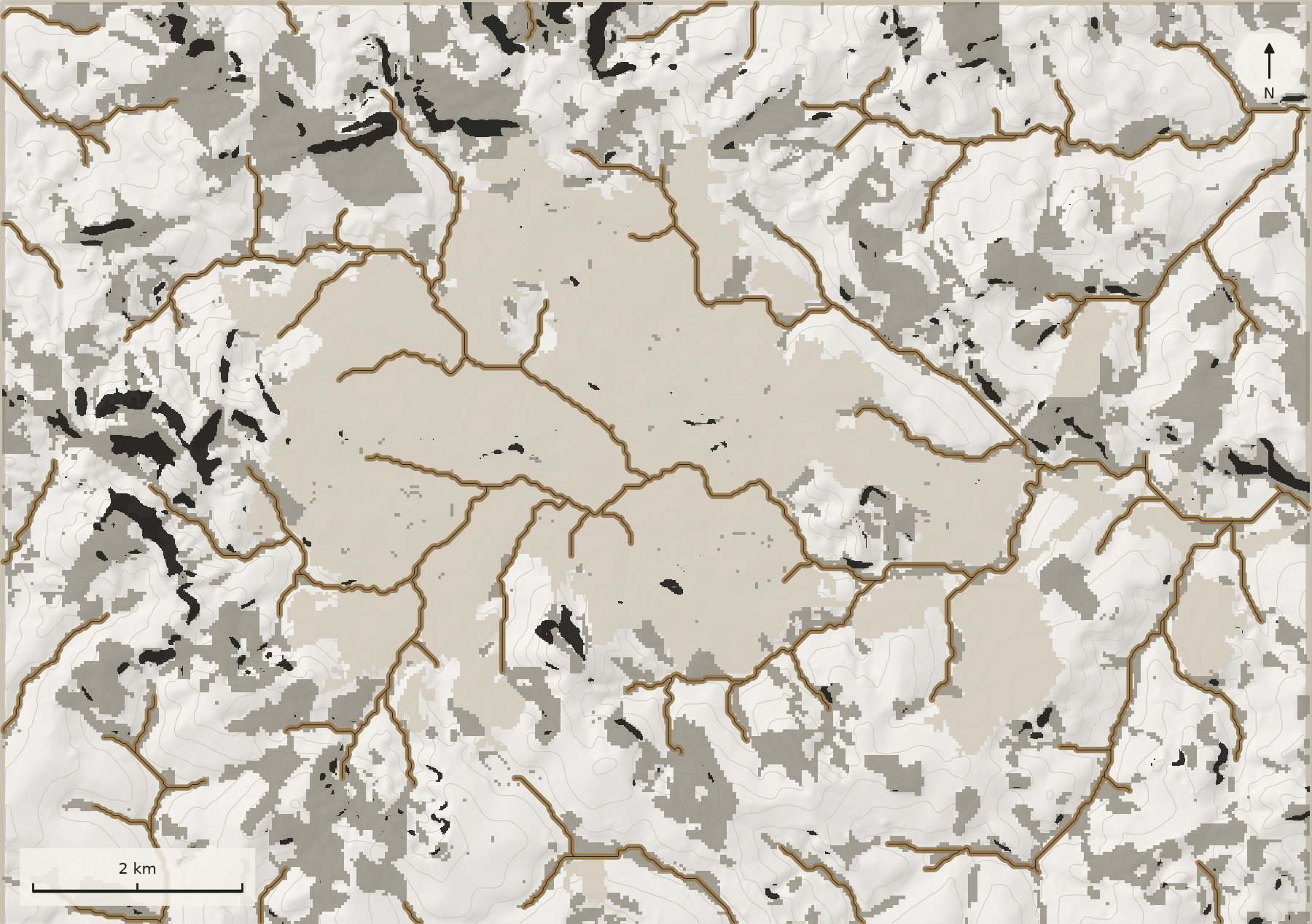 Map of the study area in cream, gray and bronze: the urban footprint at the center, patches of native vegetation around it, steep slopes in black and 30-meter strips along the drainage network