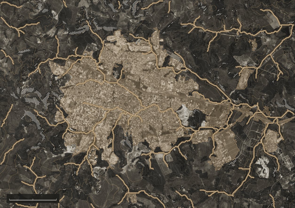 Technical map of the study area over a satellite image in warm gray tones: urban footprint at the center outlined in bronze, drainage network with a 30-meter strip, hatched steep slopes, stippled native vegetation and contour lines